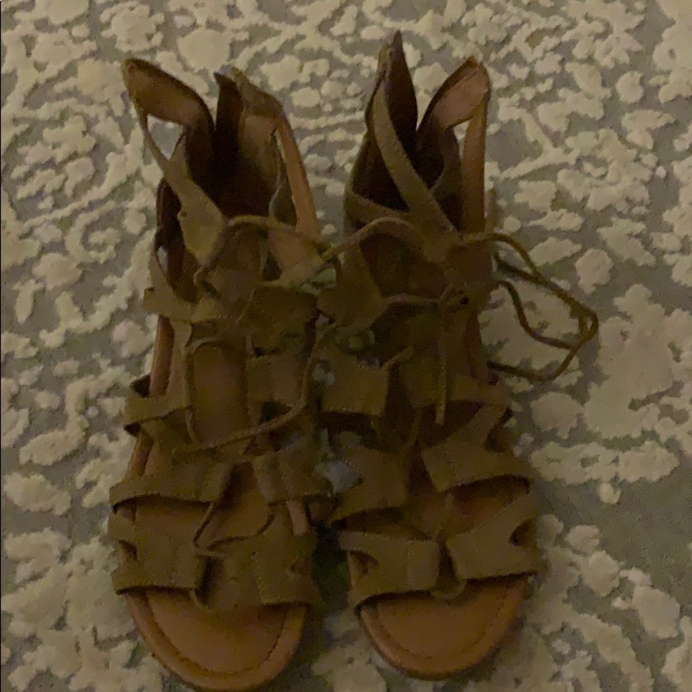 tan lace up small heel sandals